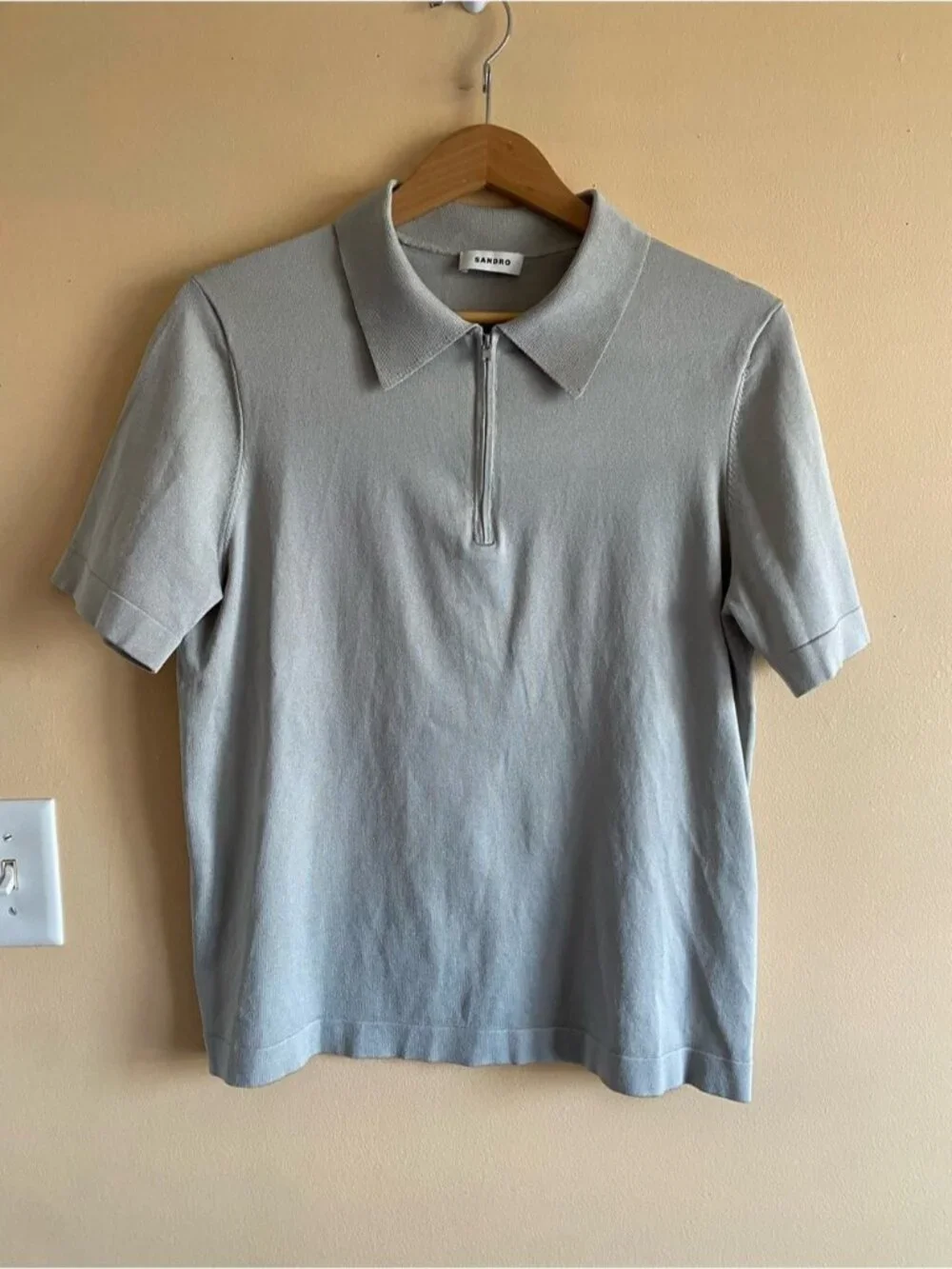 Sandro Paris Knit Zip Polo Shirt Men Medium Gray Acetate Blend Short Sleeve